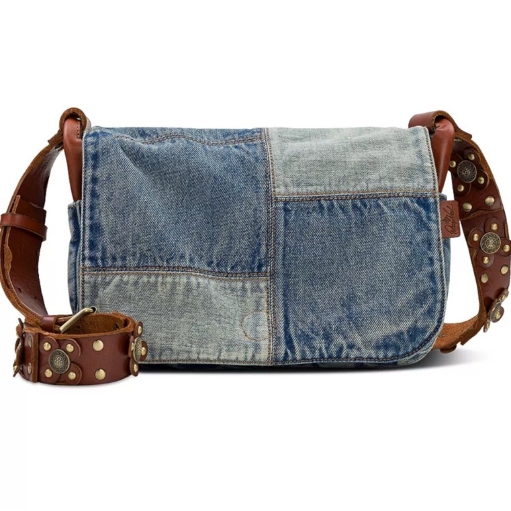 Patricia Nash Rosa Square Denim Patchwork Crossbody Bag w/ Studded Leather Strap